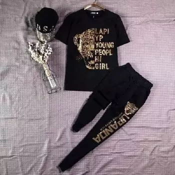 Большой размер модный спортивный костюм женский повседневный антивозрастной ромбовидный топ с короткими рукавами + брюки спортивный костюм из двух частей XXXXXL чёрный