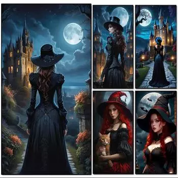 Большой размер мозаика женщина новинка 2024 DIY полный набор для алмазной живописи искусство ведьма замок луна кошка вышивка крестом стразы square 30x60cm белый