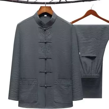 Большой размер мужской костюм кунг-фу вышитый костюм Тан весна осень 2 шт рубашка и брюки китайская традиционная одежда тайцзи 3XL 4XL 5XL 5XL бежевый