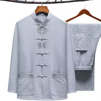 Большой размер мужской костюм кунг-фу вышитый костюм Тан весна осень 2 шт рубашка и брюки китайская традиционная одежда тайцзи 3XL 4XL 5XL 4XL темно серый