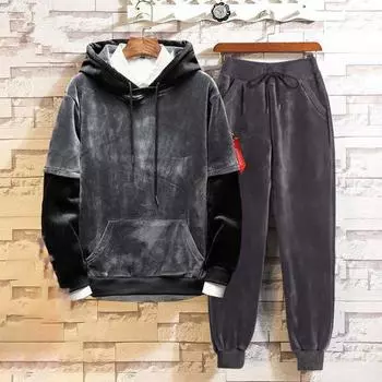 Большой размер мужской весенне-осенний двусторонний бархатный свитер плюшевый комплект из двух предметов спортивный костюм XXXXL чёрный