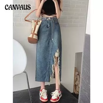 Большой размер, нерегулярная ретро-юбка с открытой вилкой, джинсовая юбка до середины тела, женская летняя тонкая юбка средней длины в упаковке, юбка-слово на бедре S синий