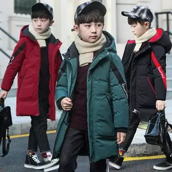 Большой размер, очень теплая зимняя куртка для мальчиков, подростковая, средней длины, плюс бархатное утолщенное хлопковое пальто с капюшоном для детей 170 чёрный