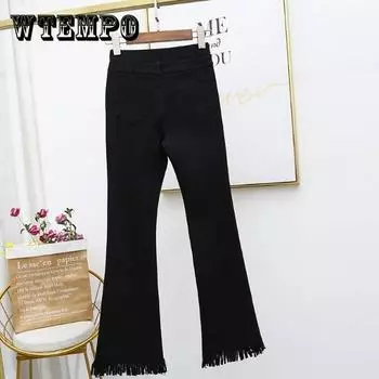 Большой размер Осень и Зима Колокол Нижние брюки Высокая талия Slim Stretch Повседневный Джинсовая ткань Длинные брюки Женщины XXXXXL чёрный
