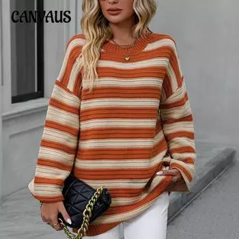 Большой размер осень и зима женский полосатый трикотаж плюс размер вязаный круглый вырез свитер S кофейный