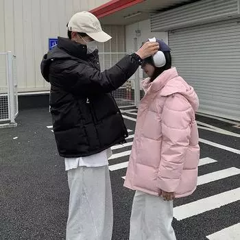 Большой размер осенне-зимнее пальто однотонное с воротником-стойкой свободное с капюшоном короткое утолщенное ветрозащитное парное пальто 5 цветов S чёрный