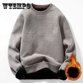 Большой размер осенне-зимнего свитера с круглым вырезом плюс бархатная рубашка с толстым дном, однотонный модный брендовый свитер, свободный шерстяной мужской пуловер 3XL абрикосовый