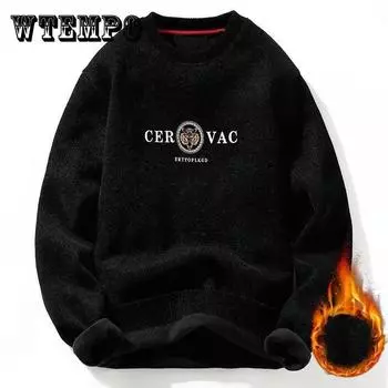 Большой размер осенне-зимнего свитера с круглым вырезом плюс бархатная рубашка с толстым дном, однотонный модный брендовый свитер, свободный шерстяной мужской пуловер 3XL абрикосовый