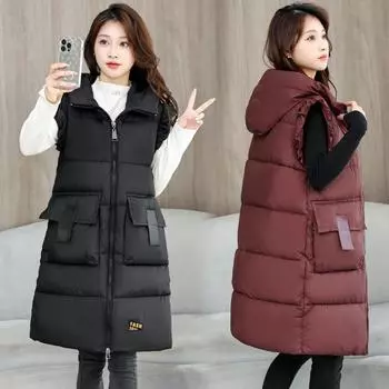 Большой размер осенне-зимний женский жилет с капюшоном средней длины утепленный ветрозащитный теплый жилет свободная куртка без рукавов куртка L чёрный