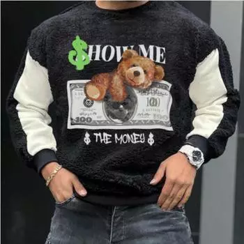 Большой размер осенне-зимняя мужская плюшевая повседневная толстовка с принтом Тедди в стиле пэчворк S