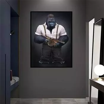 Большой размер пистолет обезьяна орангутанг животное плакат настенная семейная спальня детская комната украшение стены холст искусство (нет рамки) 21*30cm