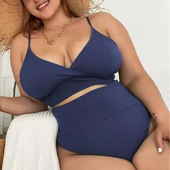 Большой размер плюс пуш-ап однотонное бикини из двух частей купальник с высокой талией женский купальник женский купальный костюм 0XL синий
