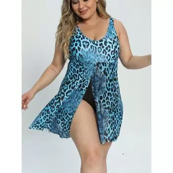 Большой размер повседневный цельный купальник, женский большой размер с принтом павлина и леопарда, круглый вырез, баска, разрез по низу, майка, цельный купальник 1XL(14) цветной печати леопарда