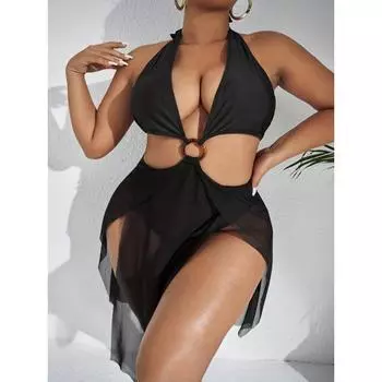 Большой размер повседневный цельный купальник, женский купальник с цветными блоками, принтом зебры и леопарда, халтер, украшением в виде кольца на шее, асимметричным подолом 1XL(14)