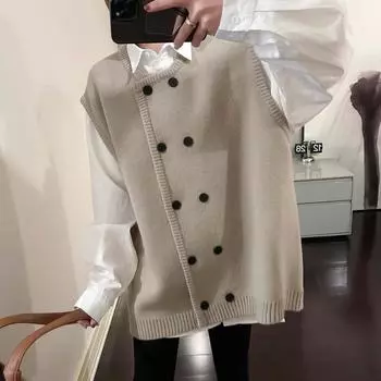 Большой размер пухлый мм 100 кг безрукавный вязаный жилет женский весенний дизайн Sense корейская версия свободный многослойный трикотажный тренд 2XL Recommendation [140-80kg]