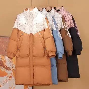 Большой размер пуховик женский 2024 зимняя одежда новая средняя и длинная выше колена куртка модное теплое контрастное пальто с капюшоном S чёрный