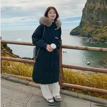 Большой размер пуховое хлопковое женское зимнее новое корейское исполнение свободное среднее и длинное однотонное хлопковое женское пальто S чёрный