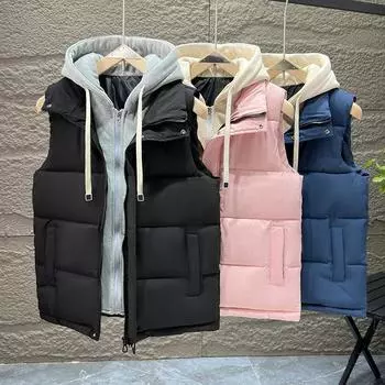 Большой размер пуховый хлопок мужской и женский осенне-зимний корейский вариант жилет с капюшоном модная верхняя одежда поддельный двухжилет куртка M чёрный