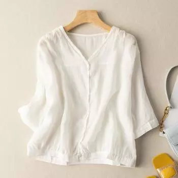 «Большой размер, ретро-топ из хлопка и льна с V-образным вырезом, рукав три четверти, дышащий, для весны и лета» J883 White