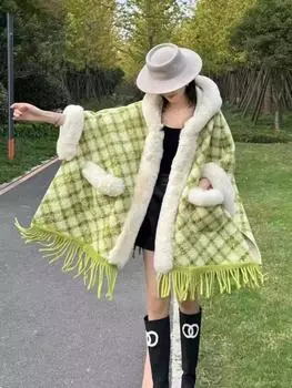 Большой размер с капюшоном и меховым воротником, плюшевая утолщенная накидка-шаль, клетчатая средняя и длинная шерстяная куртка-накидка 0131 # average size