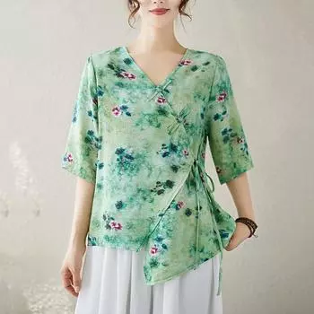 Большой размер с коротким рукавом, хлопковая винтажная повседневная свободная футболка с цветочным принтом, топы, женская летняя футболка L зелёный