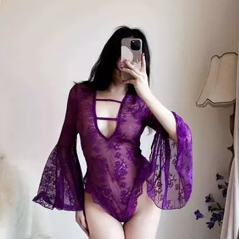 Большой размер Сексуальное очарование Фиолетовое кружево Сексуальный комбинезон Облегающий Узкий Расклешенный рукав M [recommended within 80-60kg]