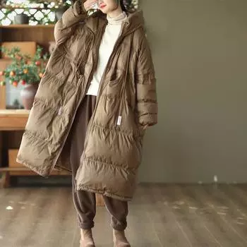 Большой размер, средний и длинный пуховик, женская зимняя новая простая ретро литературная куртка, белая утиная пуховая свободная теплая куртка One Size