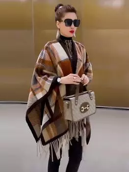 Большой размер, средний и длинный, с бахромой, накидка, шаль, женская клетчатая накидка, жакет, многофункциональный шарф, вязаный кедр 1291 One size оранжевый