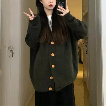 Большой размер, средний и длинный, серо-зеленый свитер женский 2024 осень и зима новый свободный длинный рукав ленивый ветер вязаный свитер женское пальто One Size