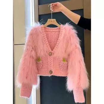 Большой размер, супер красивый розовый милый вязаный пэчворк имитация норки мех новый кардиган меховой топ M розовый