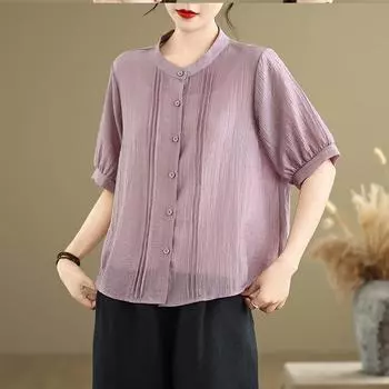 Большой размер, свежий и свободный темперамент, однотонный однобортный кардиган, женская тонкая универсальная рубашка с короткими рукавами из хлопка и льна M фиолетовый