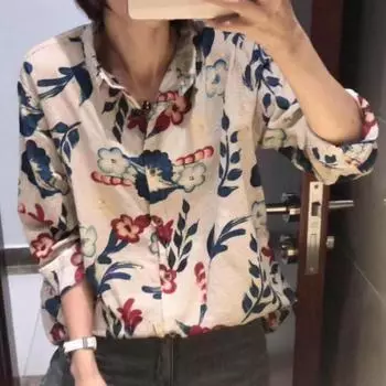 Большой размер свободная художественная ретро блузка женская цветочная хлопковая льняная рубашка универсальный длинный топ M