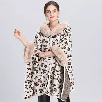 Большой размер свободный леопардовый принт меховой воротник капюшон вязаный кардиган куртка женская накидка шаль 1531 # One size хаки