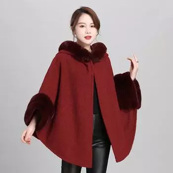 Большой размер свободный меховой воротник плюшевый капюшон кардиган накидка шаль шерстяная куртка женская 0844 # one size fits all чёрный