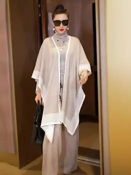 Большой размер свободный нерегулярный контрастный цвет накидка шаль женский средний и длинный многоцелевой вязаный кардиган накидка 032 # average size