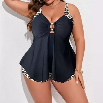 Большой размер танкини леопардовый принт цветовая гамма женский купальник 0XL чёрный