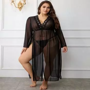 Большой размер толстый ММ секущееся черное сетчатое сексуальное нижнее белье сексуальное прозрачное кружевное платье 1XL