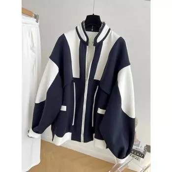 Большой размер, толстый, сексуальный, уличный стиль, весна-осень, корейский стиль, контрастный воротник-стойка, бейсбольная форма, женская свободная куртка-кардиган L
