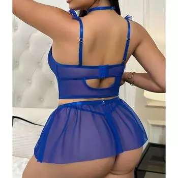 Большой размер трехточечный сетчатый кружевной полуперспективный сексуальный прозрачный кружевной эротический комплект нижнего белья 1XL