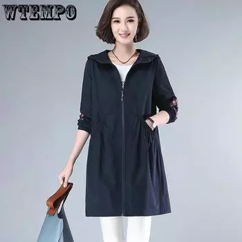 Большой размер Тренч Пальто для женщин Средней длины Весна и Осень Свободная вышивка Модная куртка L темно-синий