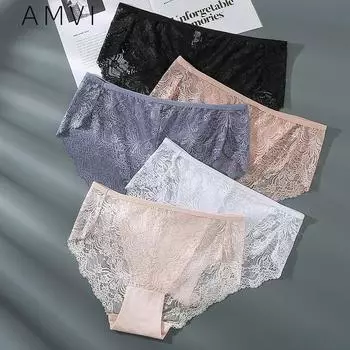 Большой размер Треугольник для женщин кружево Ice Silk бесшовное нижнее белье чистый хлопок средний диапазон, трусики со средней талией L