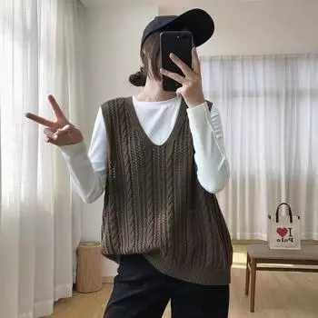 Большой размер V-образный вырез полый пуловер без рукавов свитер жилет женский новый весенне-осенний свободный трикотажный жилет fat mm One size