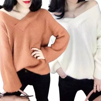 Большой размер V-образный вырез свитер женский осень зима свободный крой женский длинный рукав топ пуловер трикотаж низ S белый