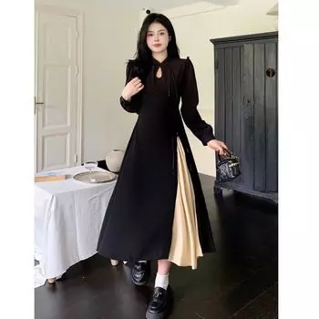 Большой размер в китайском стиле с длинным поддельным двухсекционным осенне-зимним платьем 2XL разноцветный