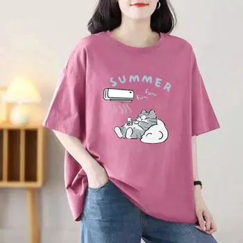 Большой размер Женская футболка с круглым вырезом и принтом, летняя новая, с коротким рукавом, милый топ XS