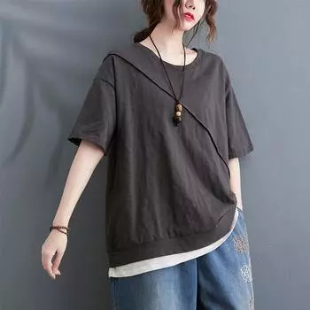Большой размер, женская летняя футболка из двух частей Art Color Collision Splicing, универсальная, уменьшающая возраст, однотонная футболка с короткими рукавами для женщин one size серый