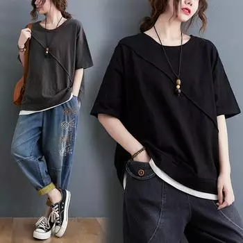 Большой размер, женская летняя футболка из двух частей Art Color Collision Splicing, универсальная, уменьшающая возраст, однотонная футболка с короткими рукавами для женщин one size серый