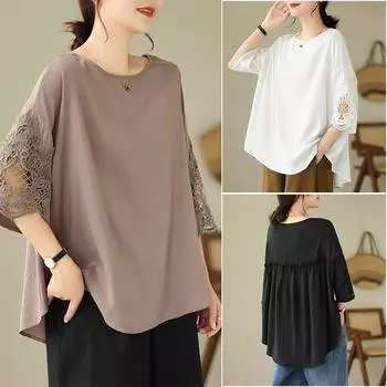 Большой размер, женская летняя футболка с короткими рукавами и кружевным принтом в стиле пэчворк, для похудения, с поясом для живота, с поясом для живота, блузки и рубашки L чёрный