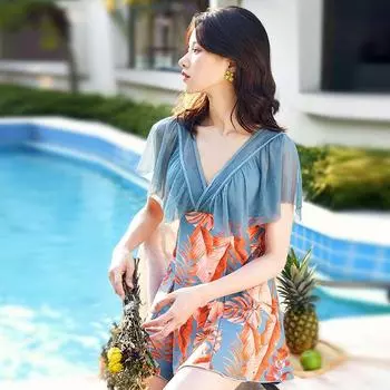 Большой размер, женская мода, цельный летний пляжный купальник с рюшами, монокини с принтом на животе, купальный костюм с горячими источниками, женский скромный купальный костюм L