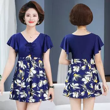 Большой размер, женская мода среднего возраста, скромный купальник из двух частей, купальное платье на шнурке с принтом, шорты для мальчика, комплект купального костюма с воланами на рукавах, купальный костюм XL